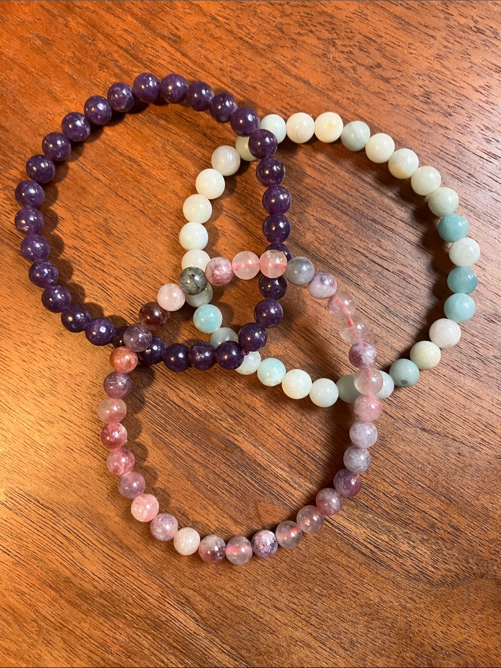 Crystal Beaded Stretch Bracelet Set - Amazonite, Lapidolite, and Unicorn Stone
